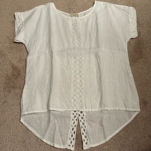 Casual White Linen Blend Women's Top with Crochet Detail